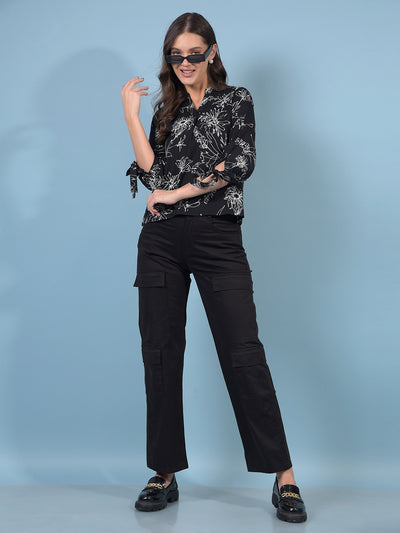 Women's Black Floral Print V-Neck Top-Women Tops-Crimsoune Club