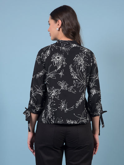 Women's Black Floral Print V-Neck Top-Women Tops-Crimsoune Club