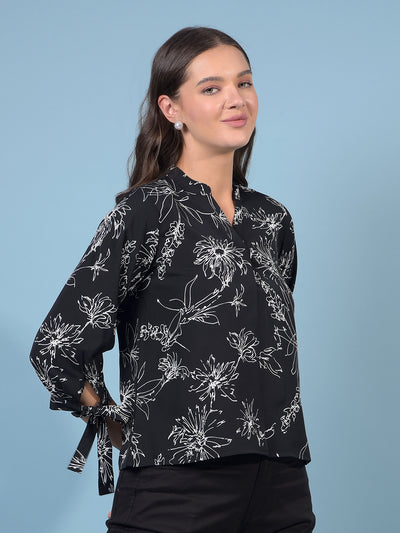 Women's Black Floral Print V-Neck Top-Women Tops-Crimsoune Club