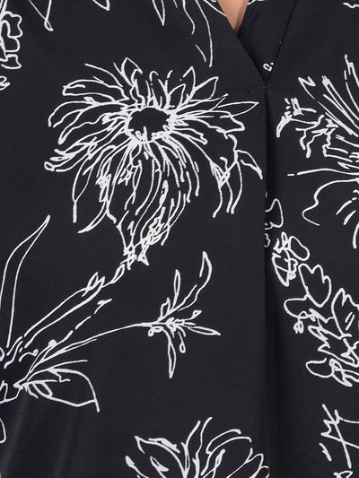 Women's Black Floral Print V-Neck Top-Women Tops-Crimsoune Club