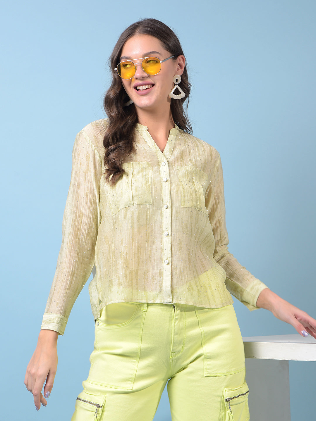 Women's Green Embellished V-Neck Semi Sheer Shirt-Women Shirts-Crimsoune Club