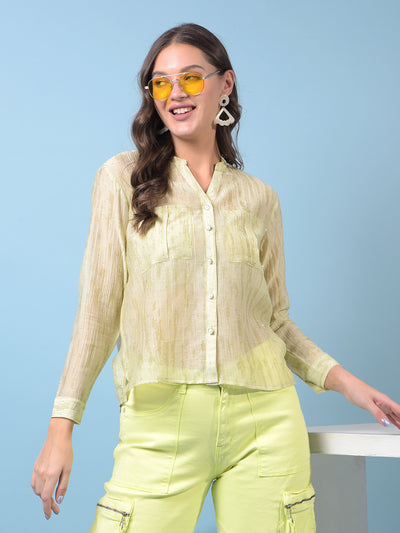 Women's Green Embellished V-Neck Semi Sheer Shirt-Women Shirts-Crimsoune Club