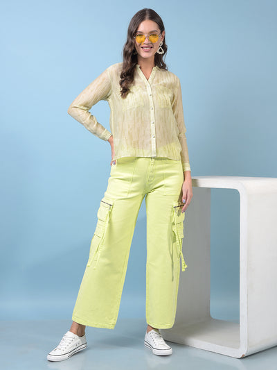 Women's Green Embellished V-Neck Semi Sheer Shirt-Women Shirts-Crimsoune Club