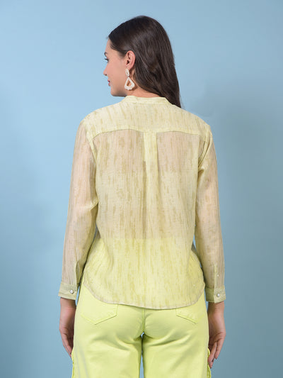 Women's Green Embellished V-Neck Semi Sheer Shirt-Women Shirts-Crimsoune Club