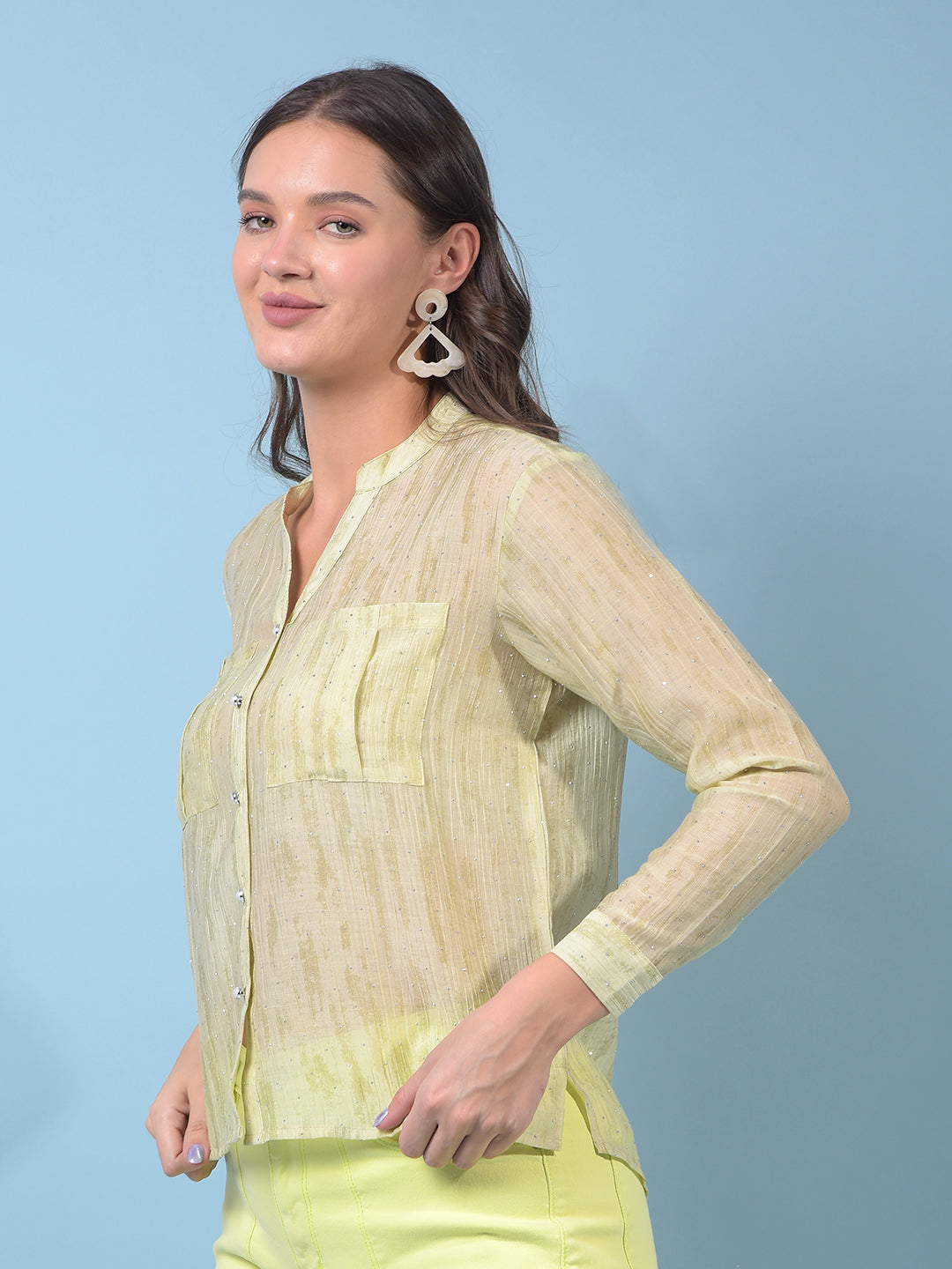 Women's Green Embellished V-Neck Semi Sheer Shirt-Women Shirts-Crimsoune Club