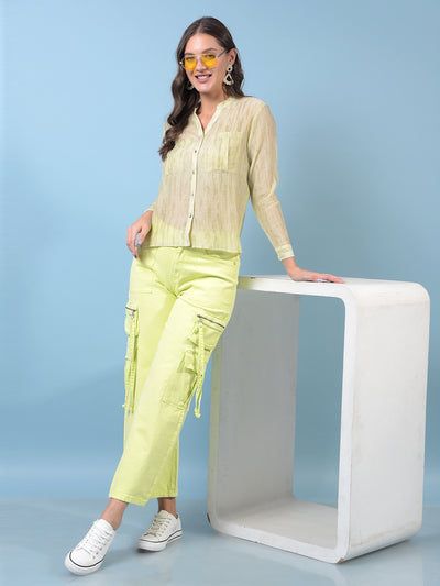 Women's Green Embellished V-Neck Semi Sheer Shirt-Women Shirts-Crimsoune Club