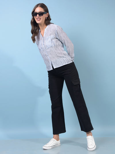 Women's Blue Embellished V-Neck Semi Sheer Shirt-Women Shirts-Crimsoune Club