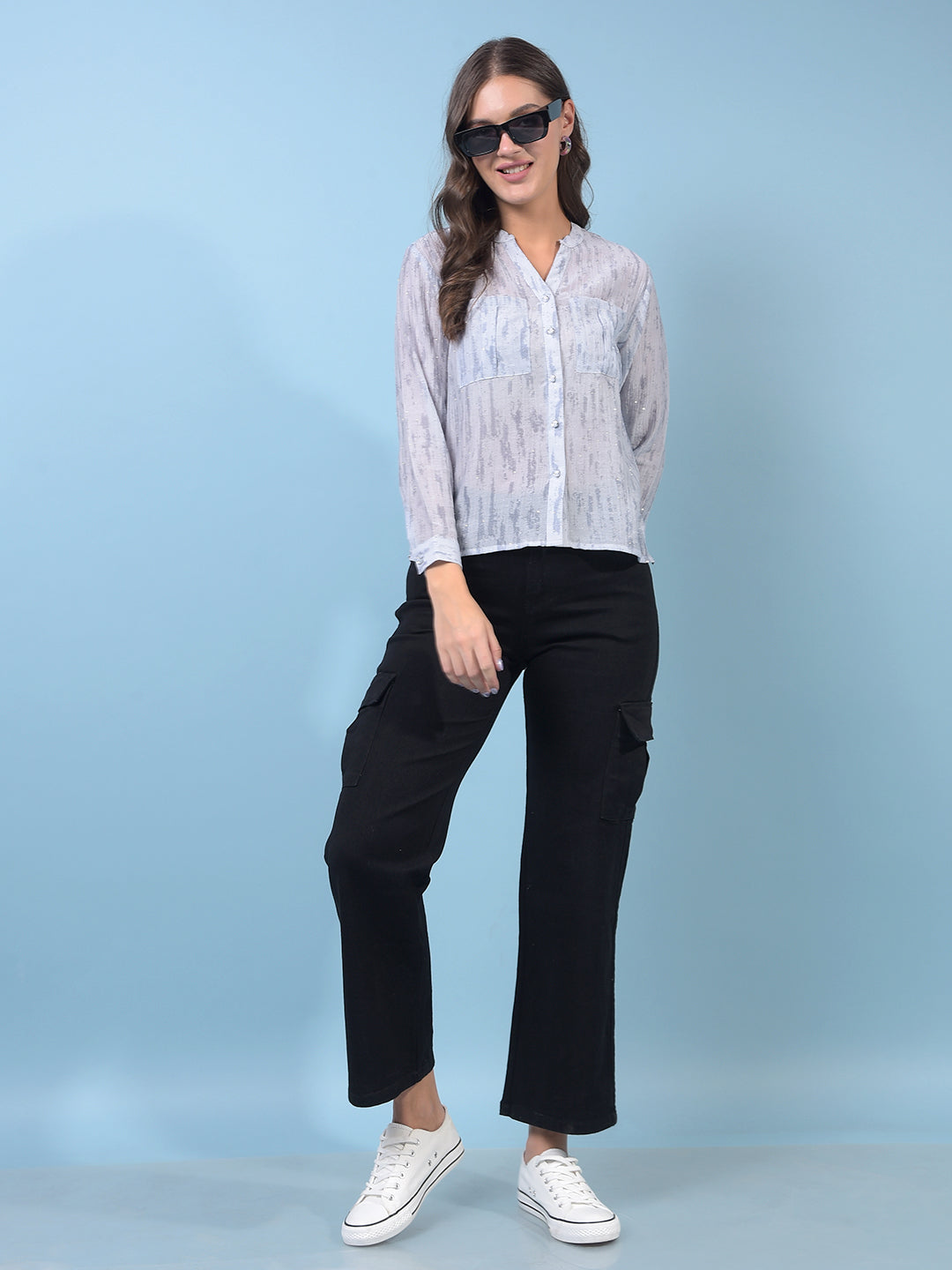 Women's Blue Embellished V-Neck Semi Sheer Shirt-Women Shirts-Crimsoune Club