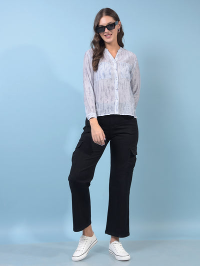 Women's Blue Embellished V-Neck Semi Sheer Shirt-Women Shirts-Crimsoune Club