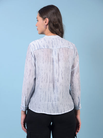 Women's Blue Embellished V-Neck Semi Sheer Shirt-Women Shirts-Crimsoune Club