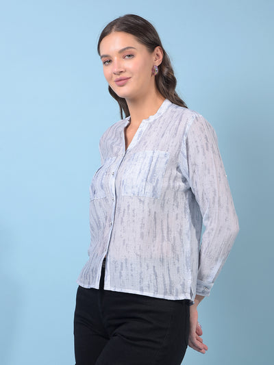 Women's Blue Embellished V-Neck Semi Sheer Shirt-Women Shirts-Crimsoune Club