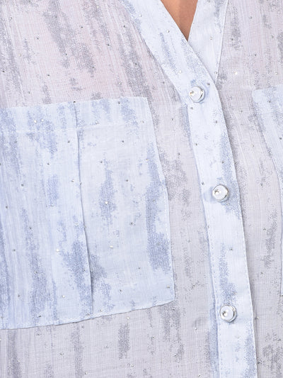 Women's Blue Embellished V-Neck Semi Sheer Shirt-Women Shirts-Crimsoune Club