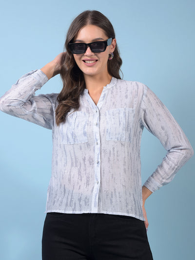 Women's Blue Embellished V-Neck Semi Sheer Shirt-Women Shirts-Crimsoune Club