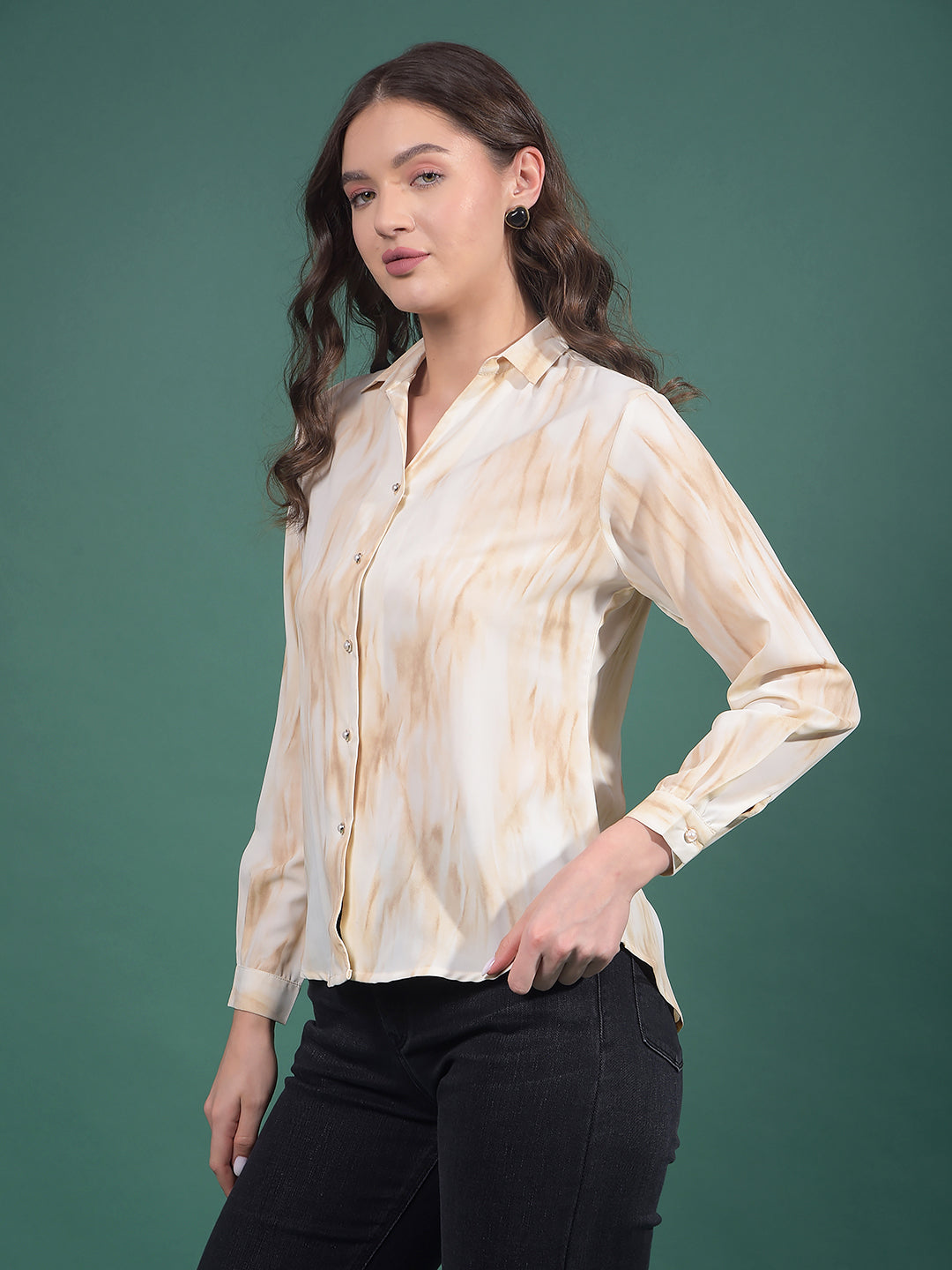 Beige Abstract Print Shirt-Women Shirts-Crimsoune Club