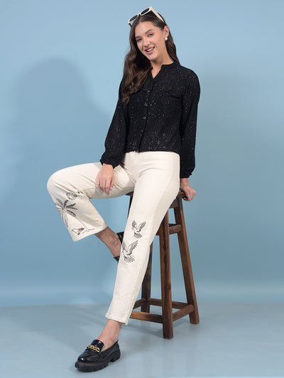 Women's Black Embellished V-Neck Crop-Length Semi Sheer Shirt-Women Shirts-Crimsoune Club
