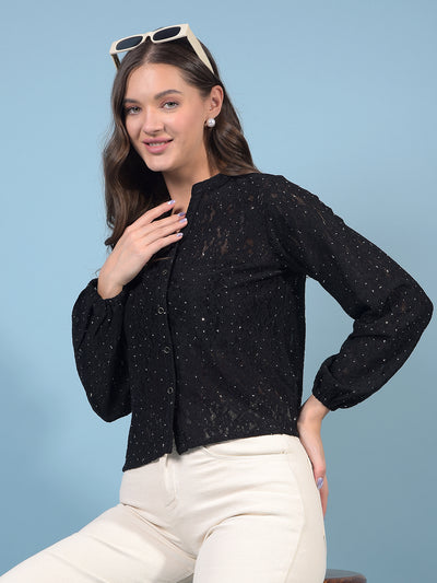 Women's Black Embellished V-Neck Crop-Length Semi Sheer Shirt-Women Shirts-Crimsoune Club
