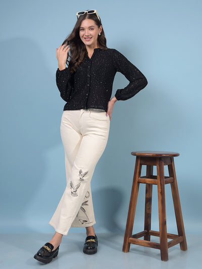 Women's Black Embellished V-Neck Crop-Length Semi Sheer Shirt-Women Shirts-Crimsoune Club