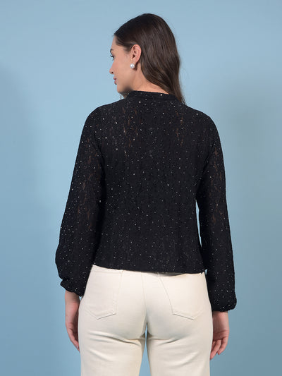 Women's Black Embellished V-Neck Crop-Length Semi Sheer Shirt-Women Shirts-Crimsoune Club