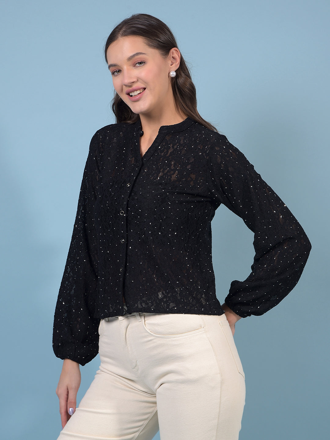 Women's Black Embellished V-Neck Crop-Length Semi Sheer Shirt-Women Shirts-Crimsoune Club