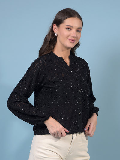 Women's Black Embellished V-Neck Crop-Length Semi Sheer Shirt-Women Shirts-Crimsoune Club