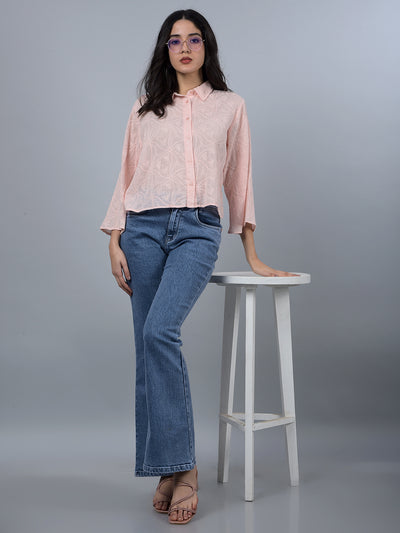 Peach Embroidered 100% Cotton Shirt-Women Shirts-Crimsoune Club