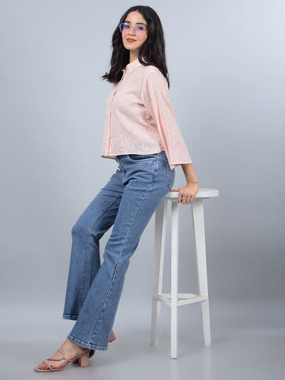 Peach Embroidered 100% Cotton Shirt-Women Shirts-Crimsoune Club