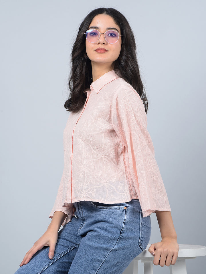 Peach Embroidered 100% Cotton Shirt-Women Shirts-Crimsoune Club