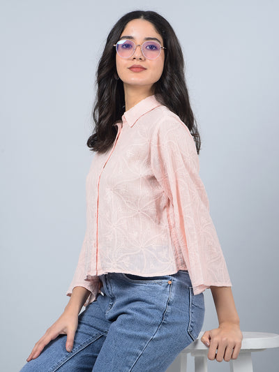 Peach Embroidered 100% Cotton Shirt-Women Shirts-Crimsoune Club