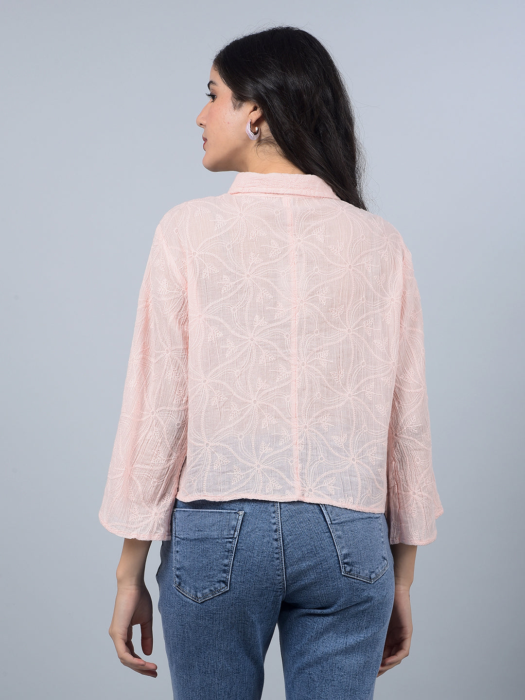 Peach Embroidered 100% Cotton Shirt-Women Shirts-Crimsoune Club