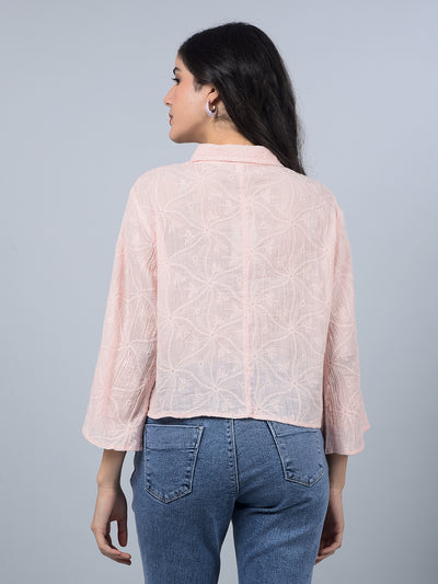 Peach Embroidered 100% Cotton Shirt-Women Shirts-Crimsoune Club