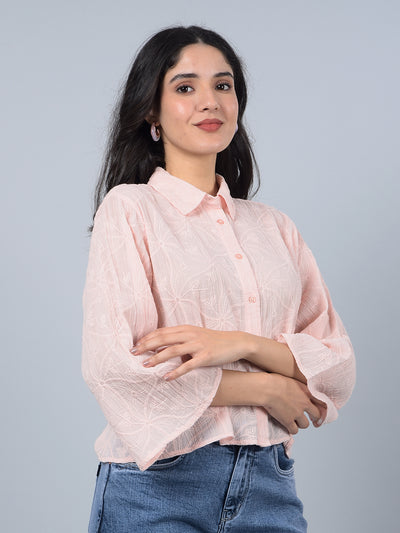 Peach Embroidered 100% Cotton Shirt-Women Shirts-Crimsoune Club