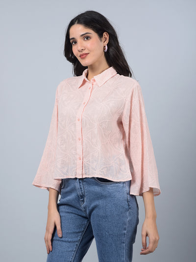 Peach Embroidered 100% Cotton Shirt-Women Shirts-Crimsoune Club
