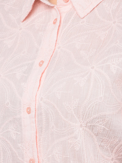 Peach Embroidered 100% Cotton Shirt-Women Shirts-Crimsoune Club