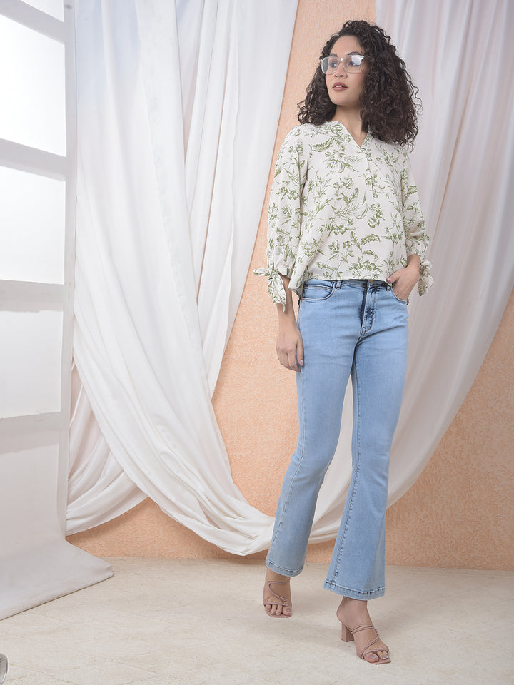 Green Floral Print V-Neck Top-Women Tops-Crimsoune Club