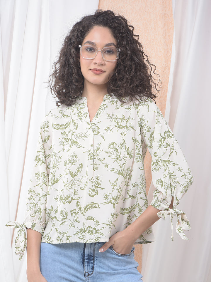 Green Floral Print V-Neck Top-Women Tops-Crimsoune Club