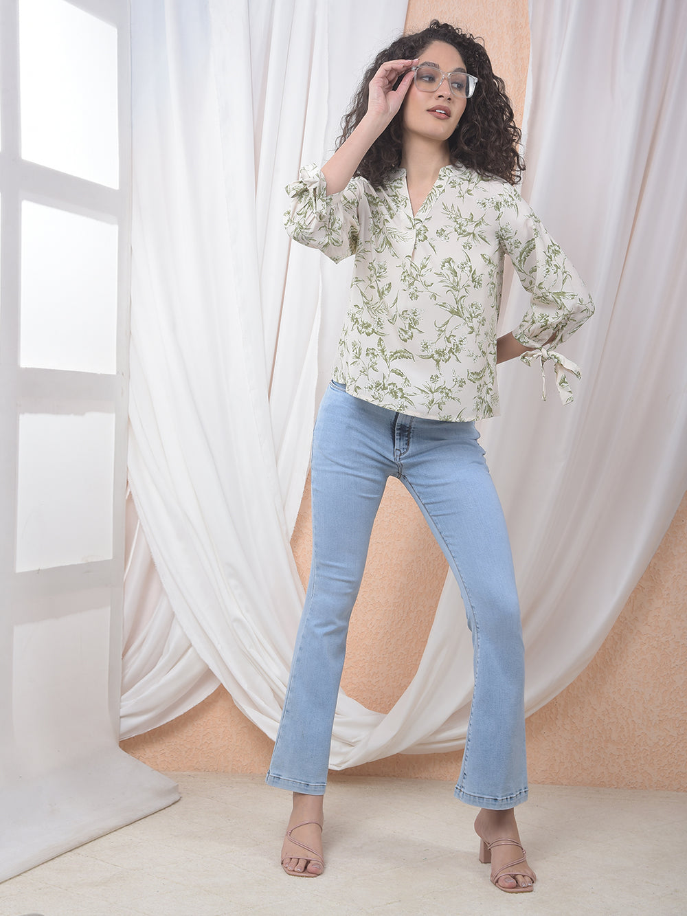 Green Floral Print V-Neck Top-Women Tops-Crimsoune Club