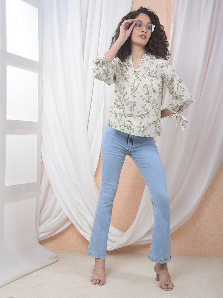 Green Floral Print V-Neck Top-Women Tops-Crimsoune Club