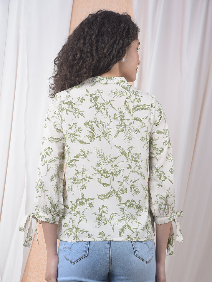 Green Floral Print V-Neck Top-Women Tops-Crimsoune Club