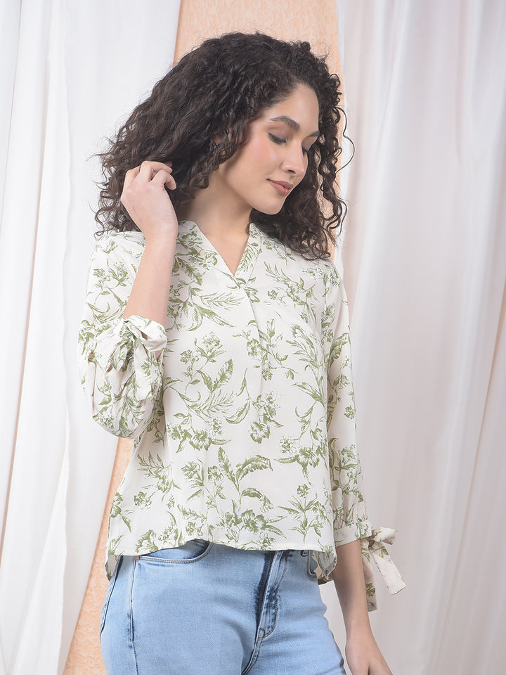 Green Floral Print V-Neck Top-Women Tops-Crimsoune Club