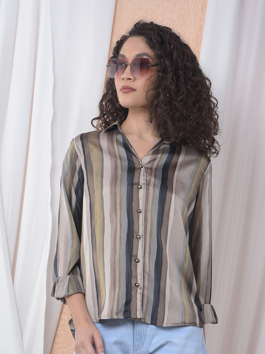 Brown Printed Shirt-Women Shirts-Crimsoune Club