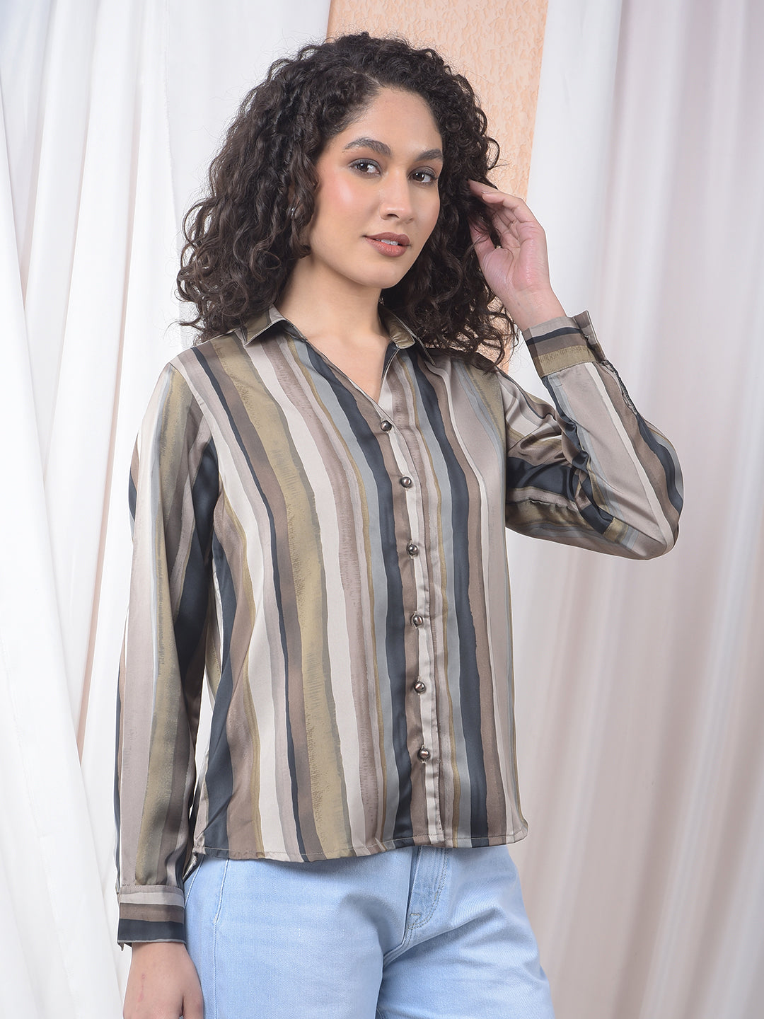 Brown Printed Shirt-Women Shirts-Crimsoune Club