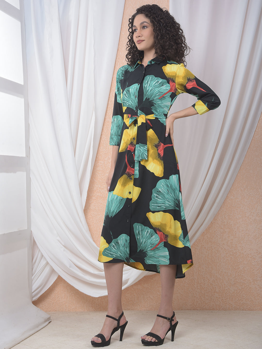 Black Floral Print Midi Shirt-Dress With Belt-Women Dresses-Crimsoune Club