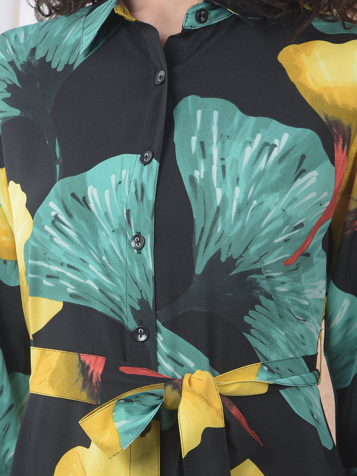 Black Floral Print Midi Shirt-Dress With Belt-Women Dresses-Crimsoune Club