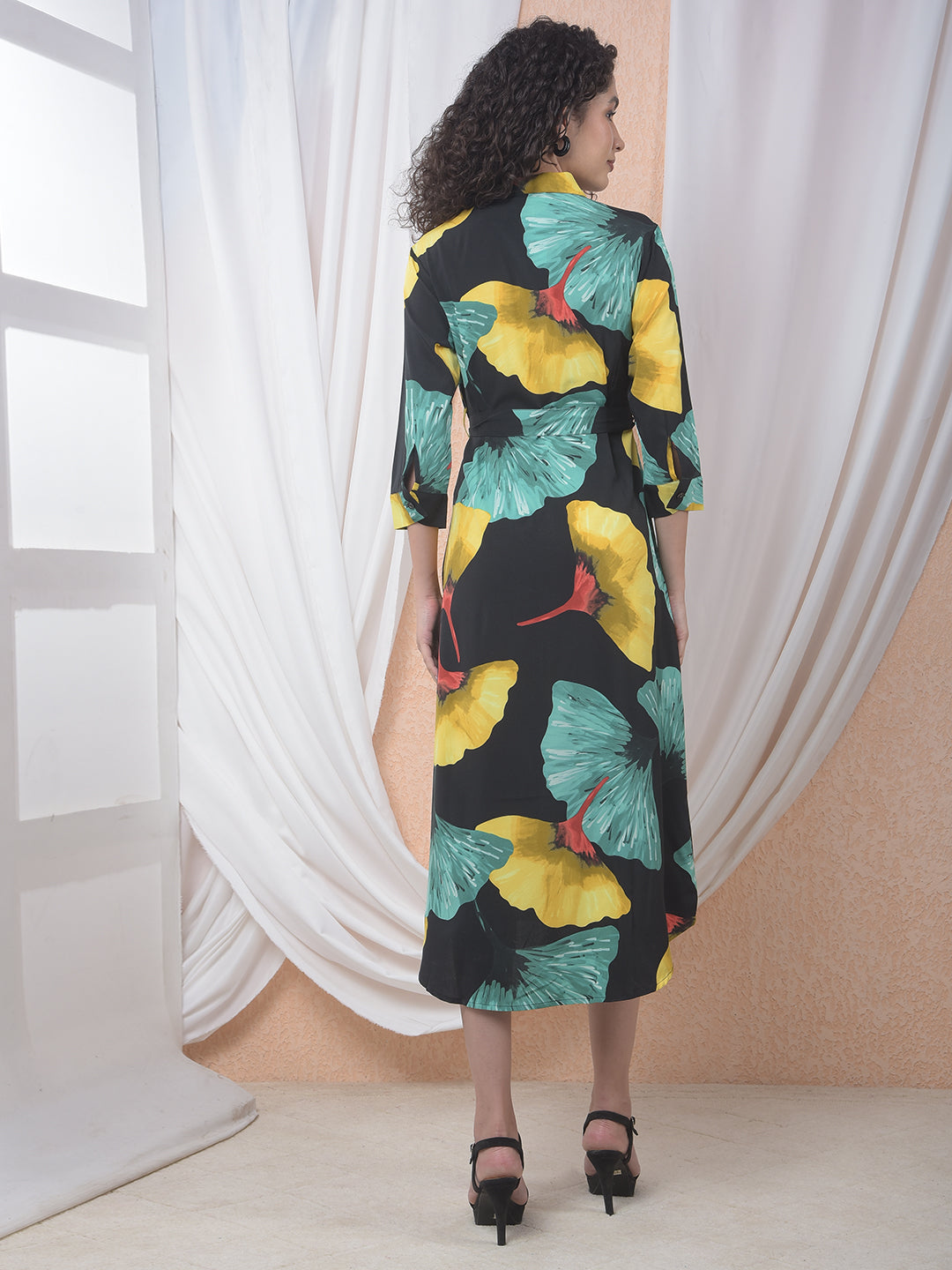 Black Floral Print Midi Shirt-Dress With Belt-Women Dresses-Crimsoune Club
