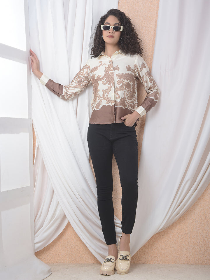 Brown Floral Print Shirt-Women Shirts-Crimsoune Club
