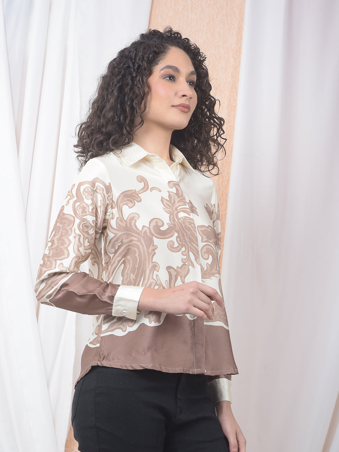 Brown Floral Print Shirt-Women Shirts-Crimsoune Club