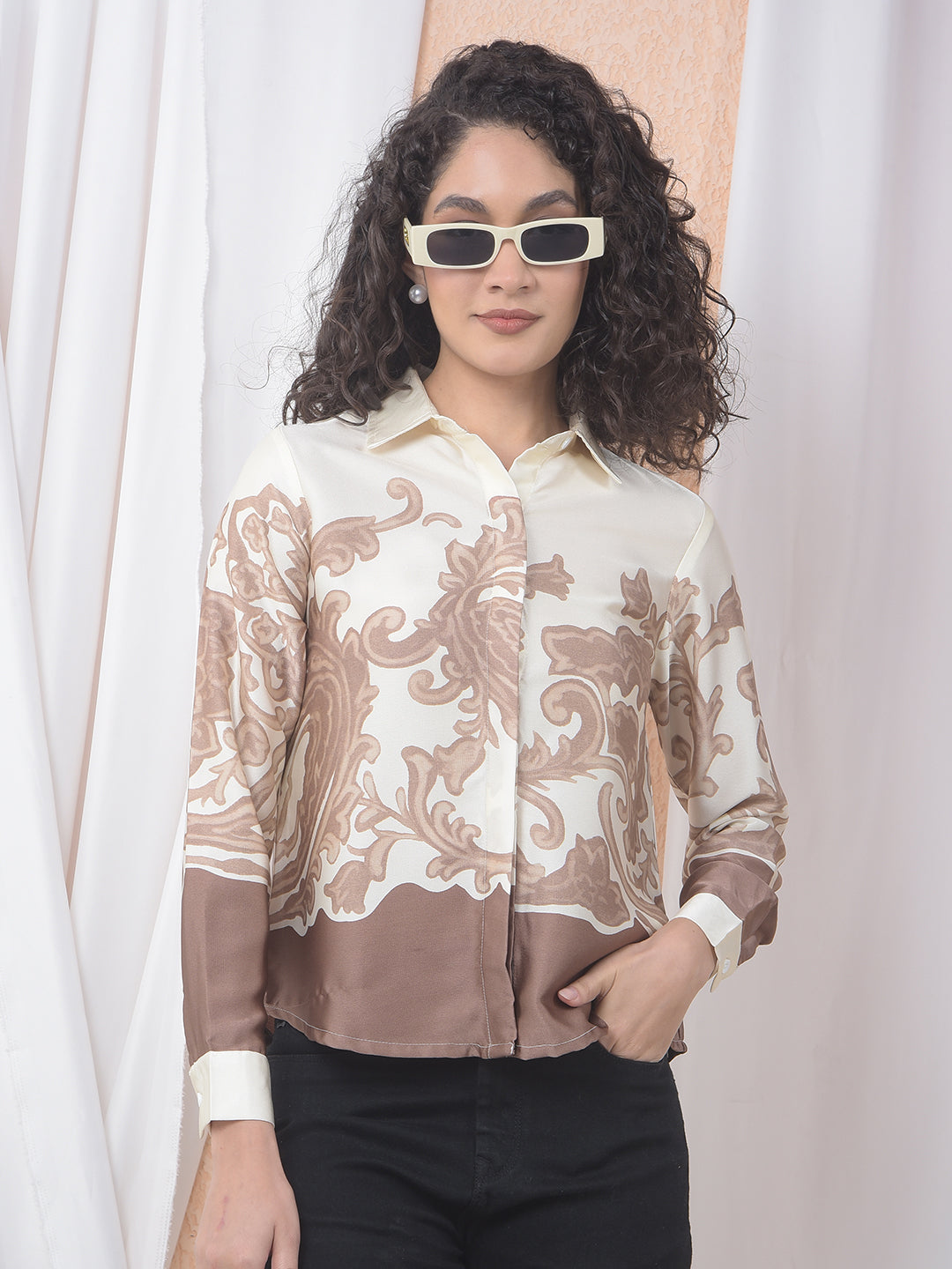Brown Floral Print Shirt-Women Shirts-Crimsoune Club