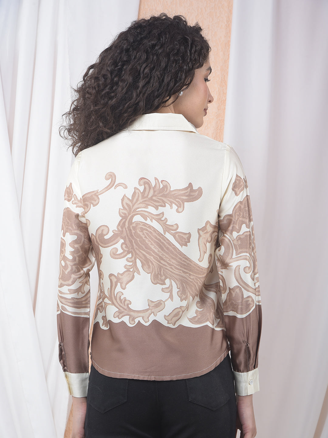 Brown Floral Print Shirt-Women Shirts-Crimsoune Club
