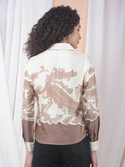 Brown Floral Print Shirt-Women Shirts-Crimsoune Club