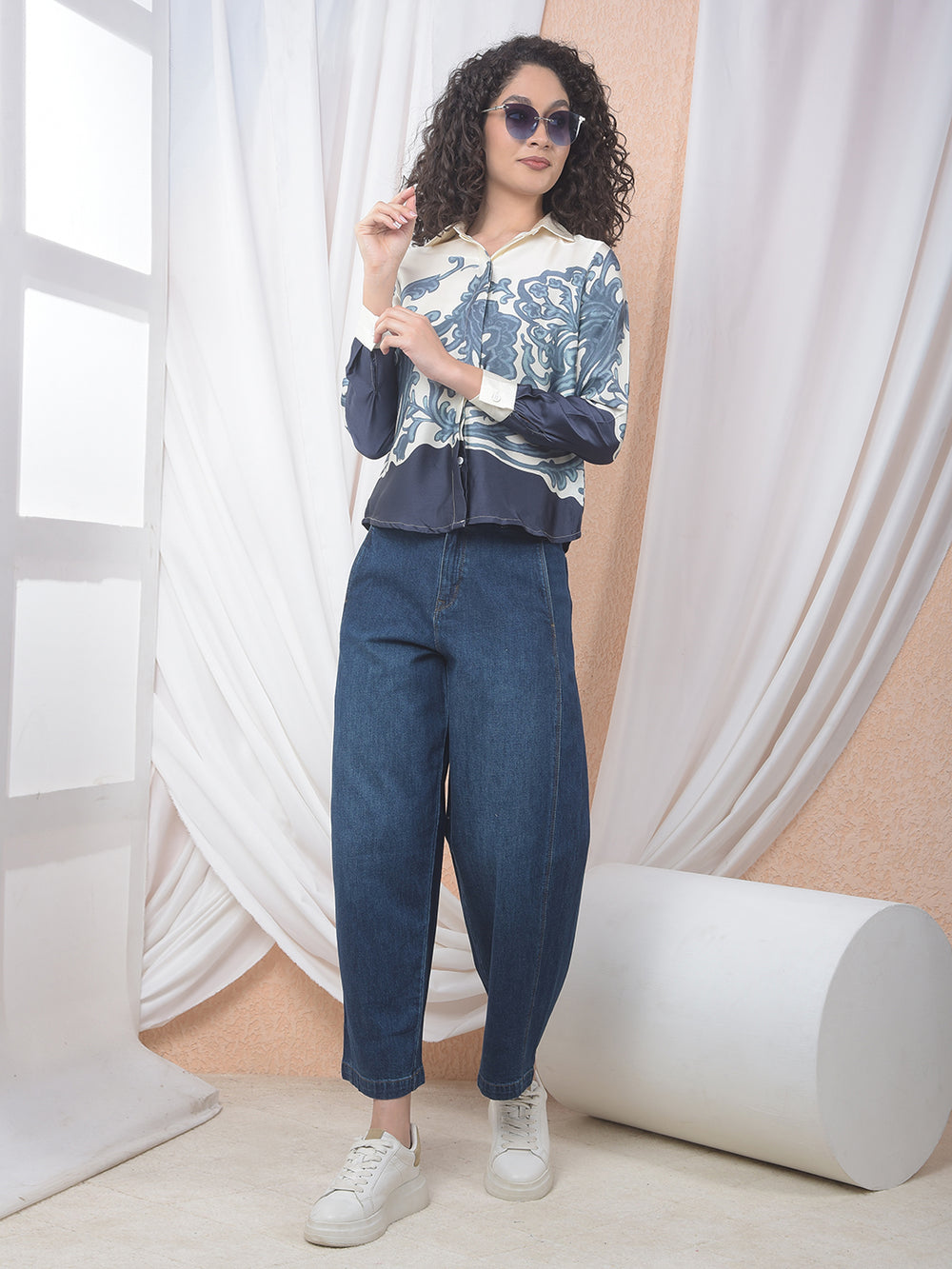 Azure Blossom Print Shirt-Women Shirts-Crimsoune Club